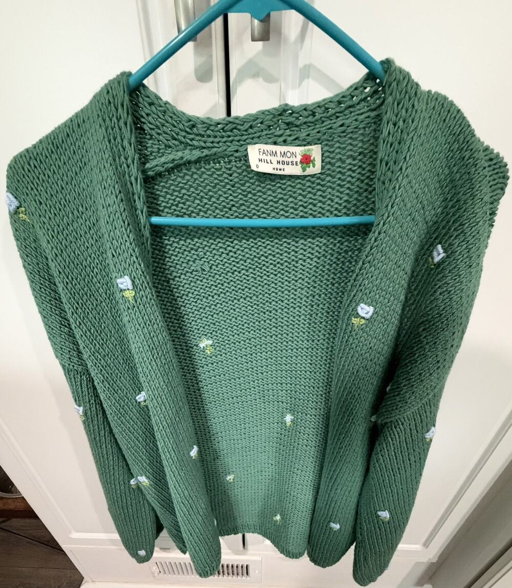 Fanm Mon Hill House Knit Cardigan Womens Size 0 Flower Floral Embroidered Green